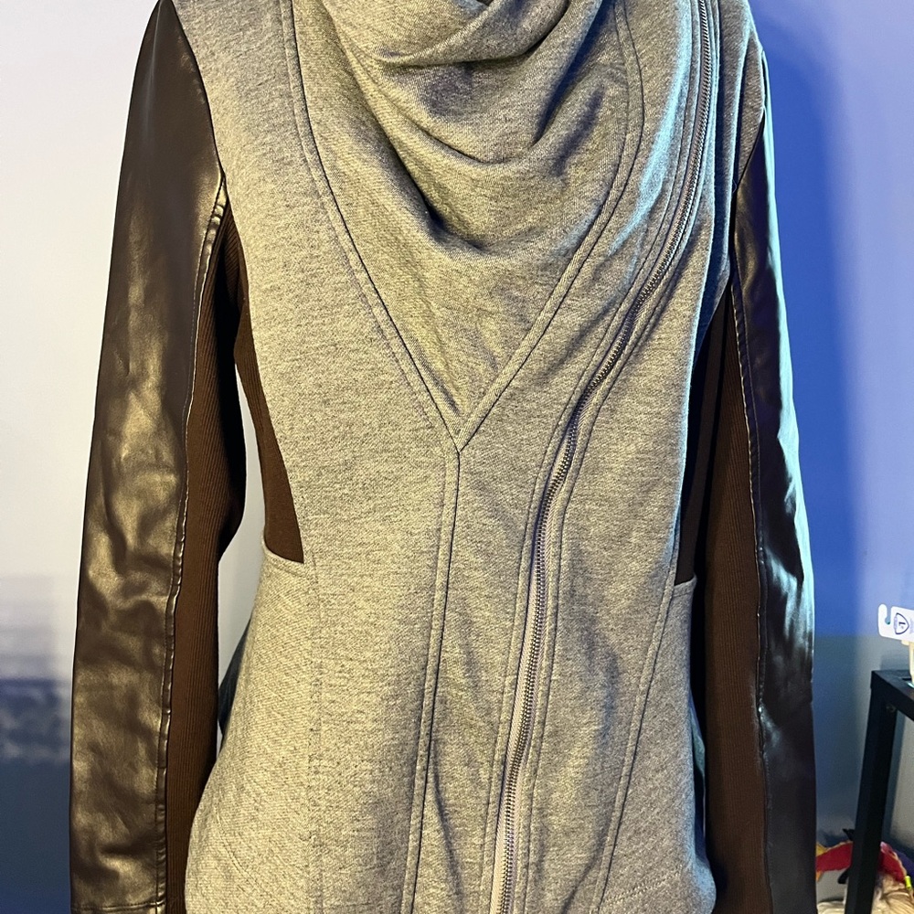 VENUS Gray and Brown Cowl Neck Sweater with Leather Sleeves